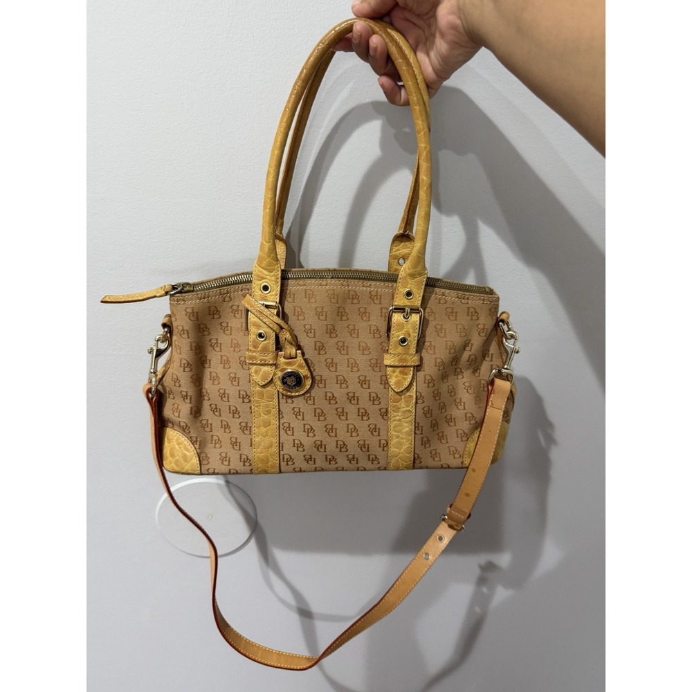 Vtg Dooney & Bourke Y2K Satchel Handbag Monogram Canvas Croc Embossed Trim F